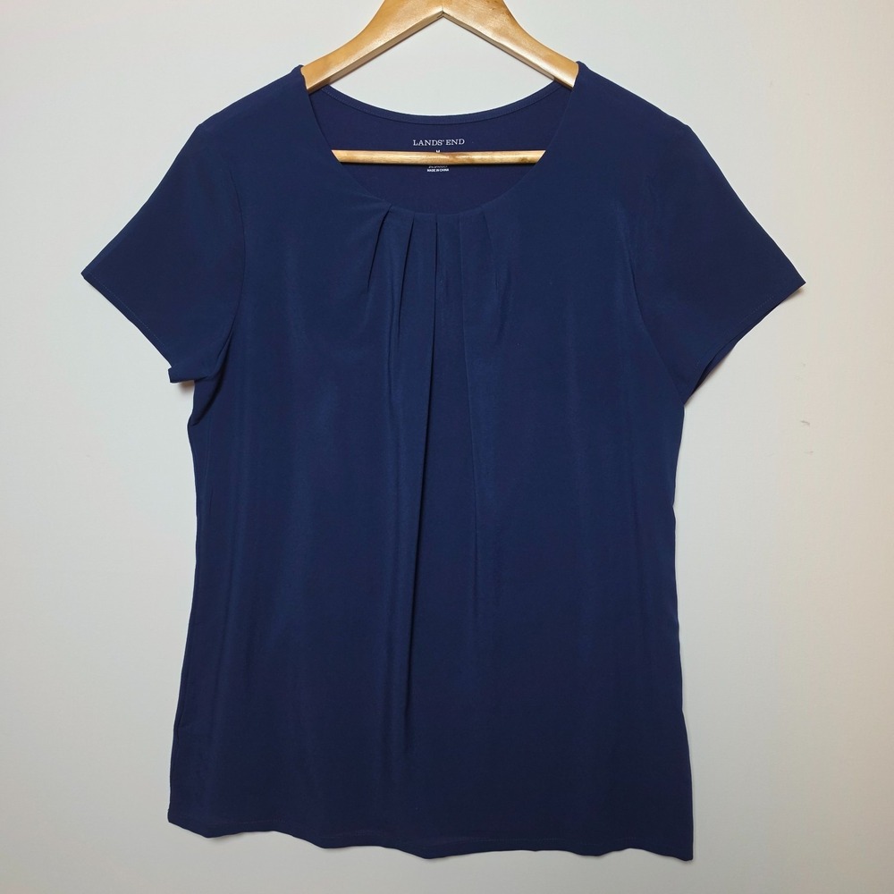 Land's End Women's Navy Blue Crew Neckline Pleated Detailing Chest Blouse Medium